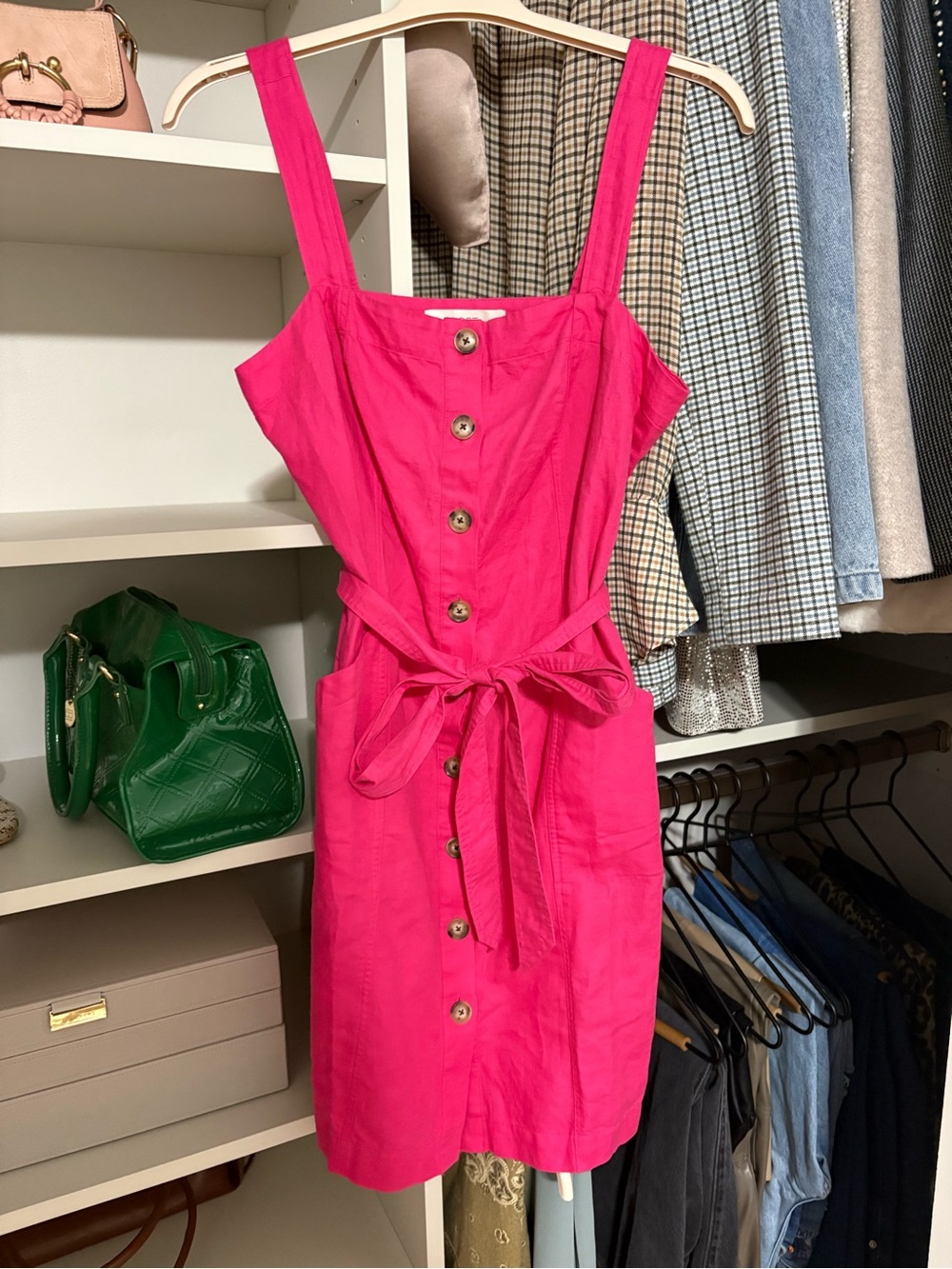 LOFT linen/cotton blend hot pink bottom down dress. NWT size 8 - Picture 2 of 5